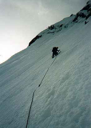 Mark Hicks leading steep ice on the NE Buttress of Chair Peak