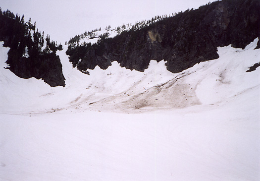 Avalanche debris leading to first gully